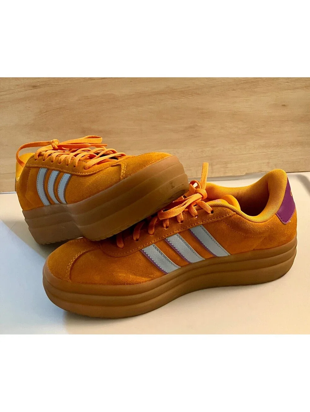 Adidas VL Court Bold Orange Suede Platform Sneakers Gum Sole 3 Stripe Womens 10